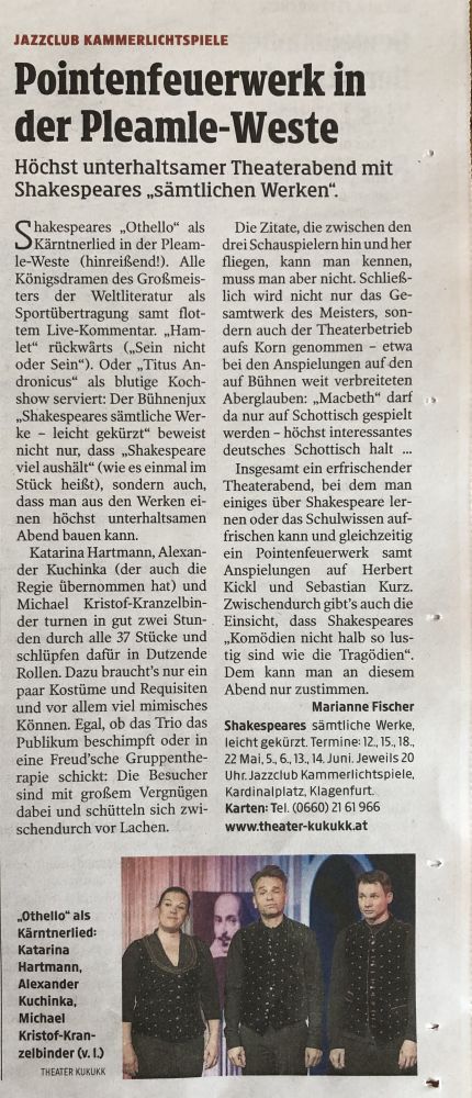 Kritik KleineZeitung 12.05.2019 shakespeare